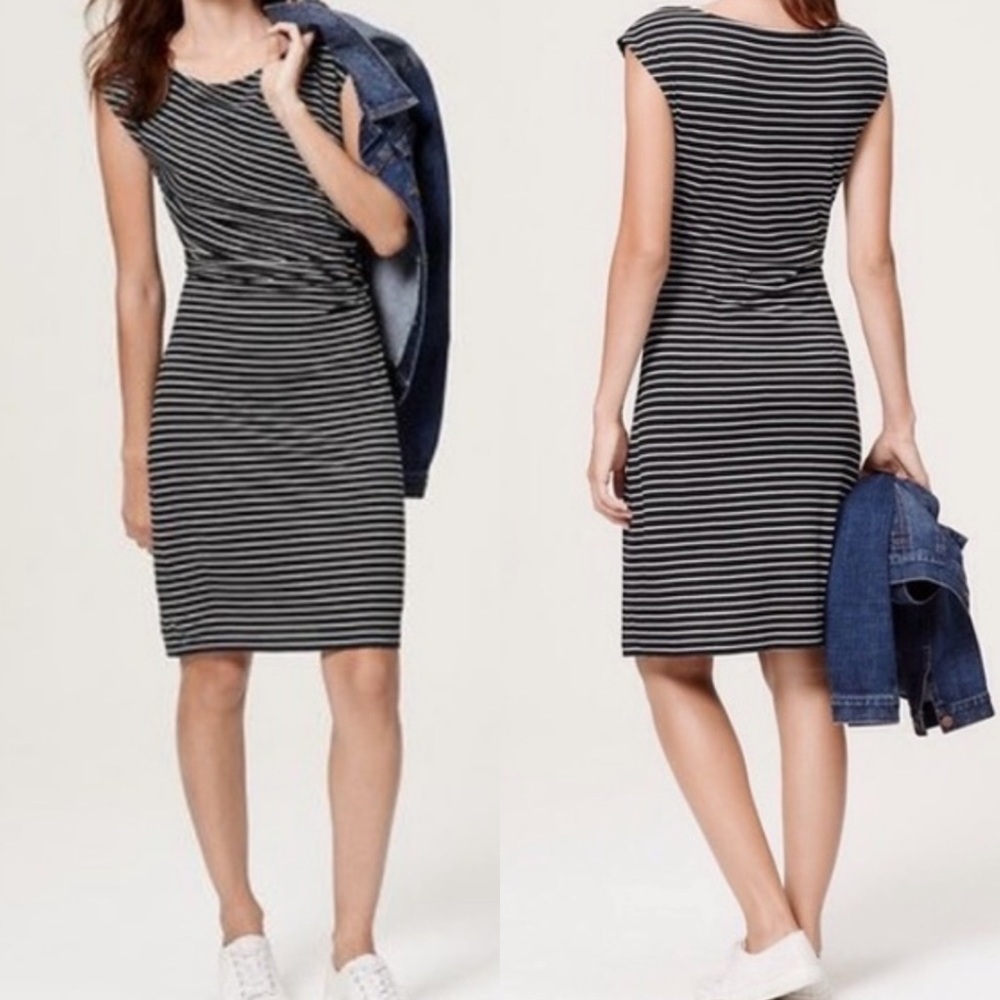 Ann Taylor Loft NEW Striped Ruched Cap Sleeves Dress Sz L